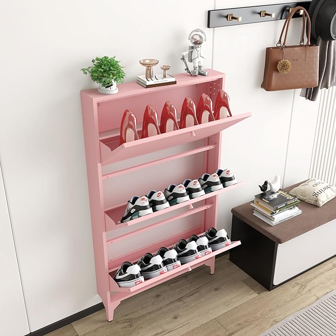 Shoe Cabinet with 3 Flip Drawers, Narrow Slim Hidden Shoe Storage Organizer Cabinet, 47.24'' Tall Shoes Rack Organizer Cabinet for Entryway, Hallway, Front Door, Pink