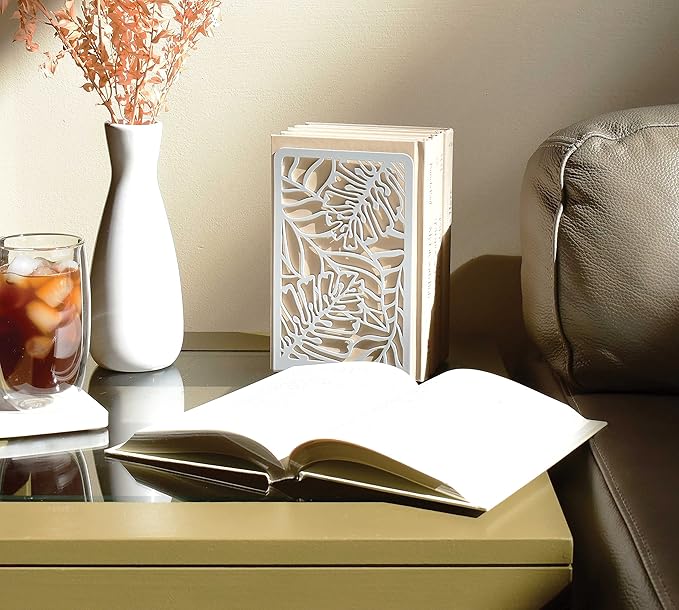 CNK Premium BookEnds for Heavy Books - Metal Book Stoppers for Book Shelves - Decorative Home Office Book Holders (Tropical White)