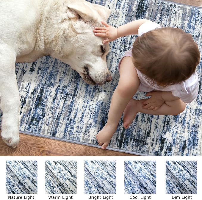 Lansny Modern Abstract Runners for Hallways 3x10, Washable Runner Rug Non-Slip Indoor Soft Long Hallway Runner Rug, Thin Print Faux Wool Floor Carpet for Hall Entryway Kitchen, Grey Blue White