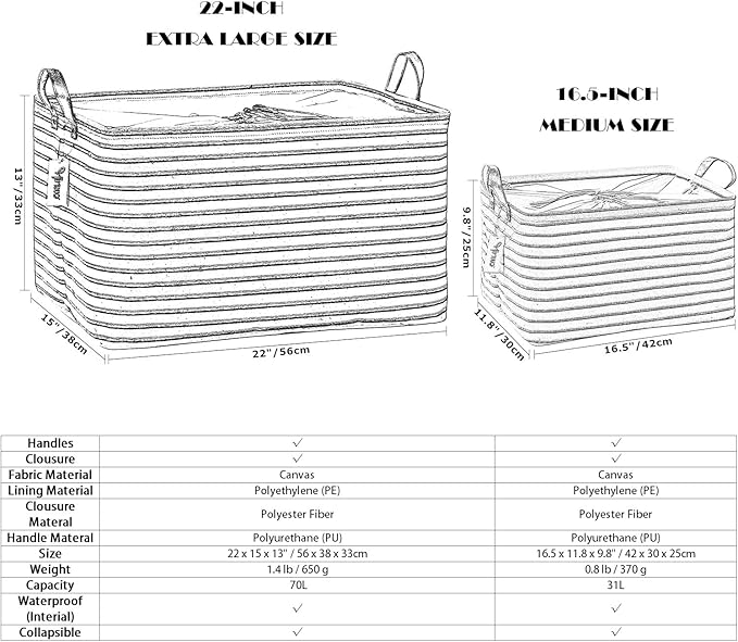 Hinwo 70L Extra Large Storage Bins, Closet Organizers and Storage, Foldable Clothes Storage Baskets with Handles, Containers for Clothing, Blanket, Comforters, Toys, Bedding (Mint Stripe)