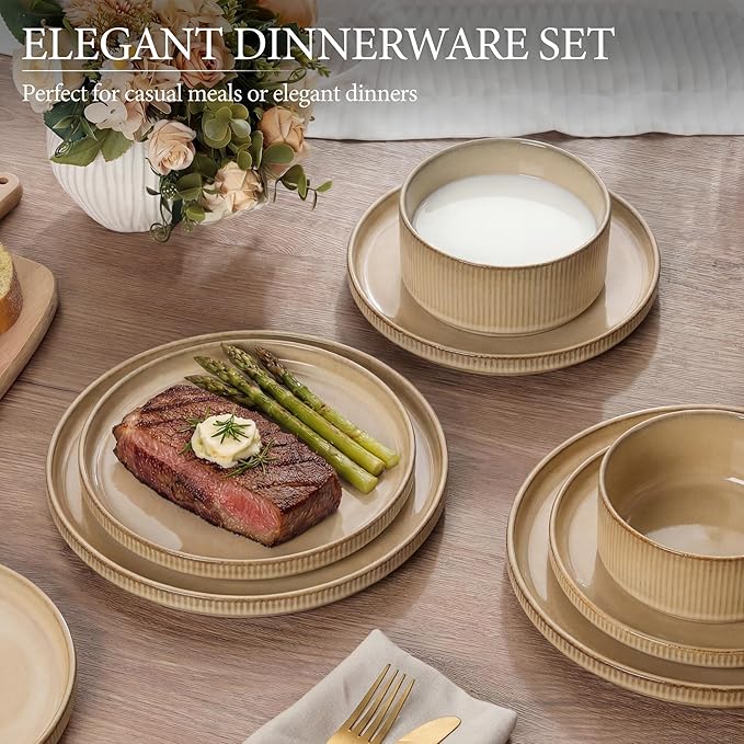 E-far Stoneware Dinnerware Sets for 2, 6-Piece Plates and Bowls Sets, Chip & Scratch Resistant Ribbed Dish Set for Home Restaurant, Microwave & Dishwasher Safe, Caramel Khaki