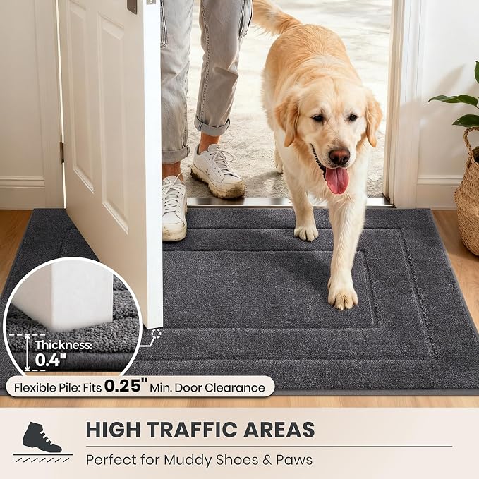PURRUGS Dirt Trapping Door Mat 34" x 59", Non-Slip/Skid Machine Washable Entryway Area Rug, Dog Doormat, Super Absorbent Welcome Mat for Muddy Wet Shoes and Paws, Grey