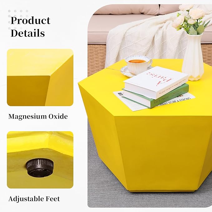 UPHA 28" Hexagon Outdoor Coffee Table, Modern Hollow Concrete Patio Table, Small Minimalist Low Accent Table for Living Room, Balcony, Deck, Backyard, Lemon Yellow