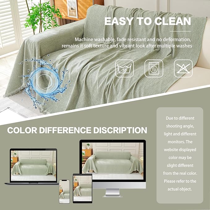 DREAMINGO Sofa Covers Washable Thick Chenille Couch Cover for 3 Cushion Couch Sofa Multi-Use Couch Cover Blanket Modern Pet Furniture Protector Sectional Couch Slipcover 91"x150", Sage Green