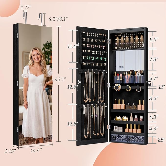 Unisakey Mirror Jewelry Cabinet,Lockable Wall or Door Mounted Jewelry Armoire Organizer With Built-up Mirror,LED Lights, Drawers,Cosmetic Trays,Shelves, 14.4"x3.15"x 43.1"（Black）