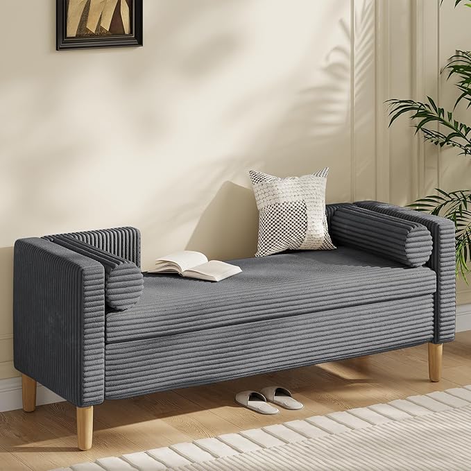 65.35" Storage Bench, Corduroy Upholstered End of Bed Bench with Bolster Pillows, Modern Storage Bench with Natural-Patterned Wooden Legs, Comfy Entryway Bench for Entryway (Charcoal)