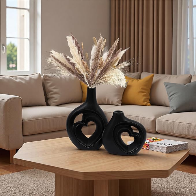 Matte Black Heart Shaped Hollow Ceramic Vase Set of 2, Modern Minimalism Styles, Mid Century Nordic Aesthetic Decorative Vases for Home Table Decor, 8.5in