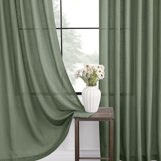 Linen Blend Olive Green Curtains 92 inch Length 2 Panels for Bedroom Back Tab Light Filtering Semi Sheer Drapes Linen Cotton Textured Loden Green Airy Modern Farmhouse Living Room Sage Aesthetic Decor