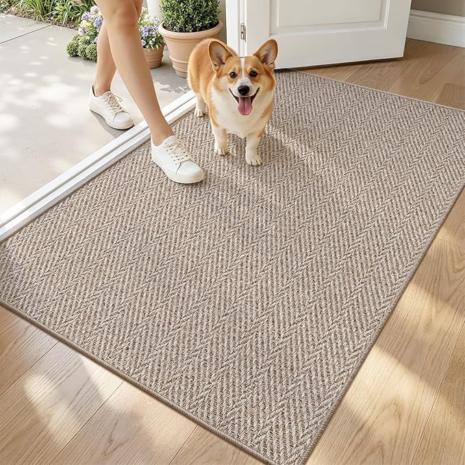 LUMI Ultra Thin Indoor Door Mat for Entrance 32"x48", Non Slip Entryway Mat, Low Profile Doormat, Unique Herringbone Design Carpet for Inside, Patio, Porch, Dark Beige