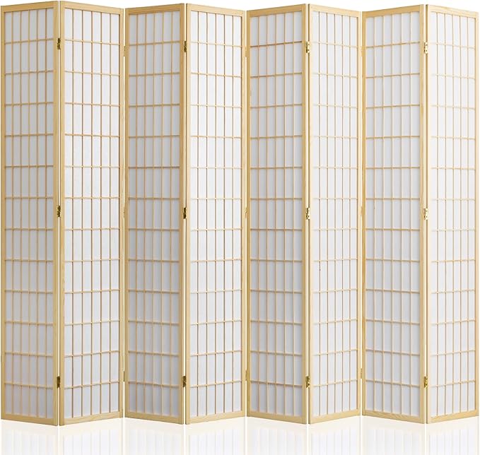 WelFurGeer 8 Panel Room Divider, Folding Privacy Shoji Screens, Room Partitions and Dividers, Decorative Room Dividers, Wall Dividers for Room Separation, Japanese Wood Room Divider for Home (Natural)