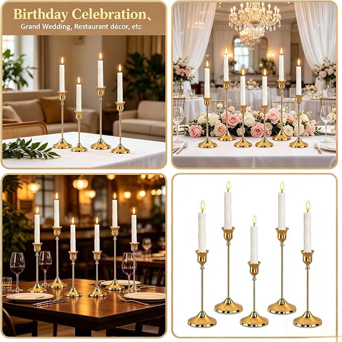 SHDSL Gold Candlestick Holders, Taper Candle Holders, Set of 6, Metal Taper Candle Stick Holders, Vintage Christmas Brass Home Decor for Table, Room Decorations Housewarming