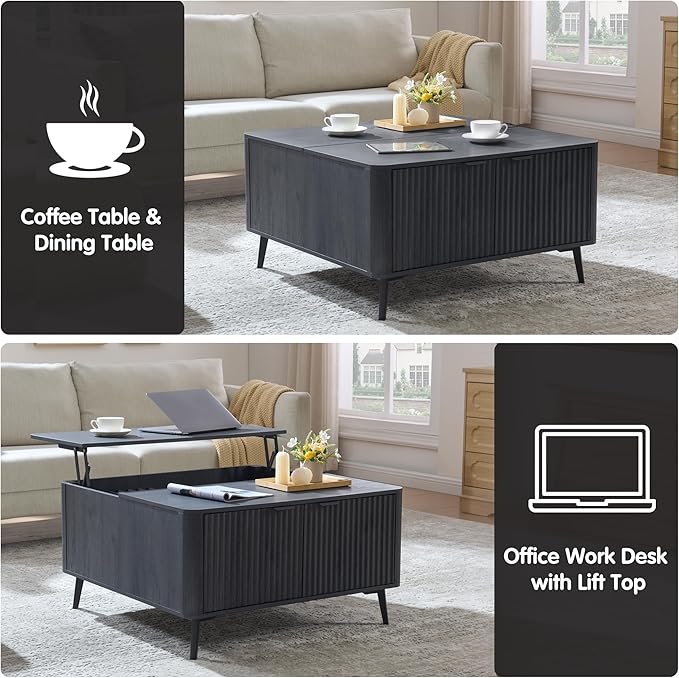 Fatmok Large Lift Top Coffee Table with Hidden Compartment, 35.4" Wide Oversized Square Coffee Table with Storage, Mid Century Modern Fluted Center Table for Home Living Room, Black Grey