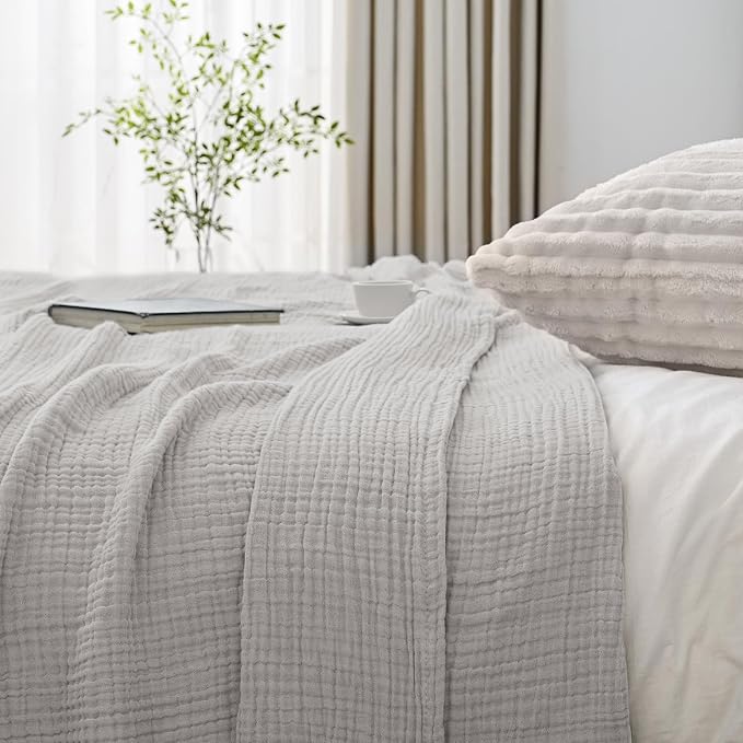 Esterra Muslin Blanket Queen Size Cozy Soft Lightweight Pre-Washed Cotton Blanket, All Season Breathable 4-Layer Gauze Blanket Throw for Couch Bed, Gray Violet, 90x90 Inches