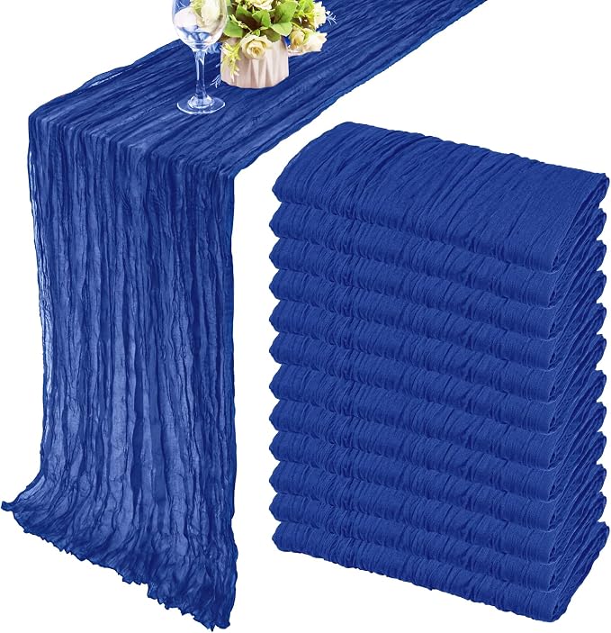 12 Pack 10Ft Cheesecloth Table Runner 35x120 Inch Boho Gauze Table Runner Rustic Cheese Cloth Long Romantic Table Runners for Wedding Bridal Shower Birthday Party Table Decor (Royal Blue)