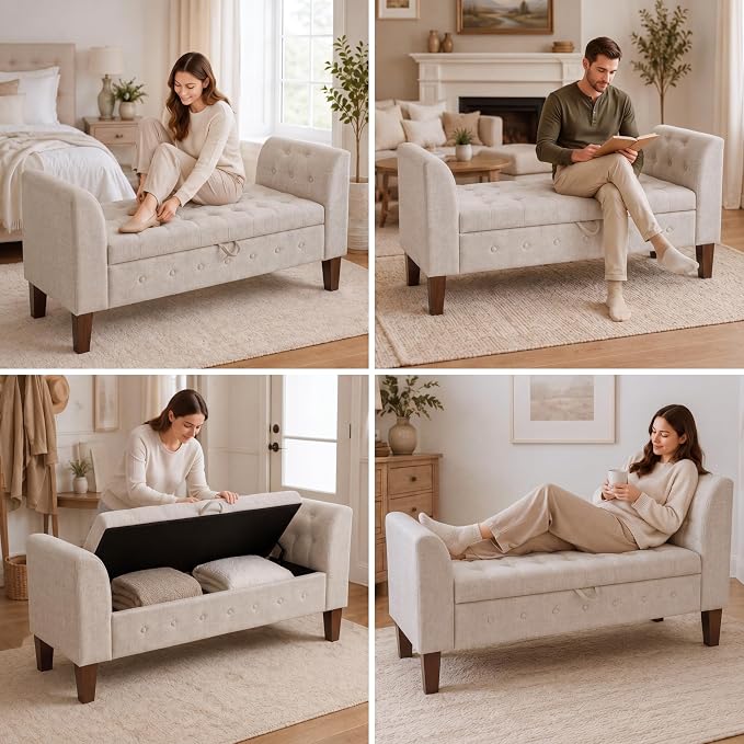 Awonde Upholstered Storage Bench with Arms Ottoman Bench for Bedroom Entryway Living Room Khaki