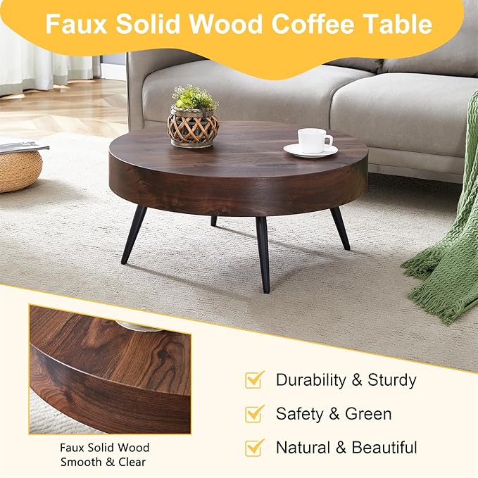 Round Coffee Table, Small Wood Coffee Table with Storage, Modern Mid Century Circle Tables Accent Center Tables for Living Room Apartment Small Space (31.5''D-Walnut)