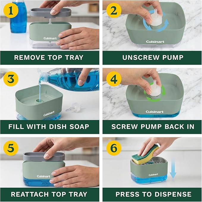 Cuisinart 2-in-1 Dish Soap Dispenser with Sponge Holder and Sponge for Kitchen Sink – Soap Pump Organizer Set with Tray, Countertop Caddy for Dishes, Dishwashing Liquid Dispenser, Sink Essentials