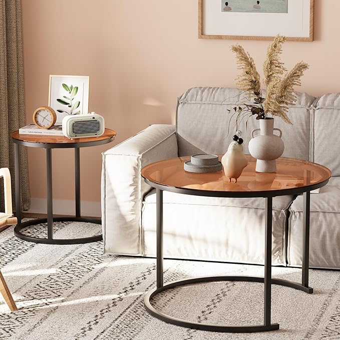 aboxoo Nesting Coffee Table Set of 2, Small Round Glass Nesting Tables for Living Room Bedroom, Accent Tea Table with Metal Frame Modern Industrial Simple