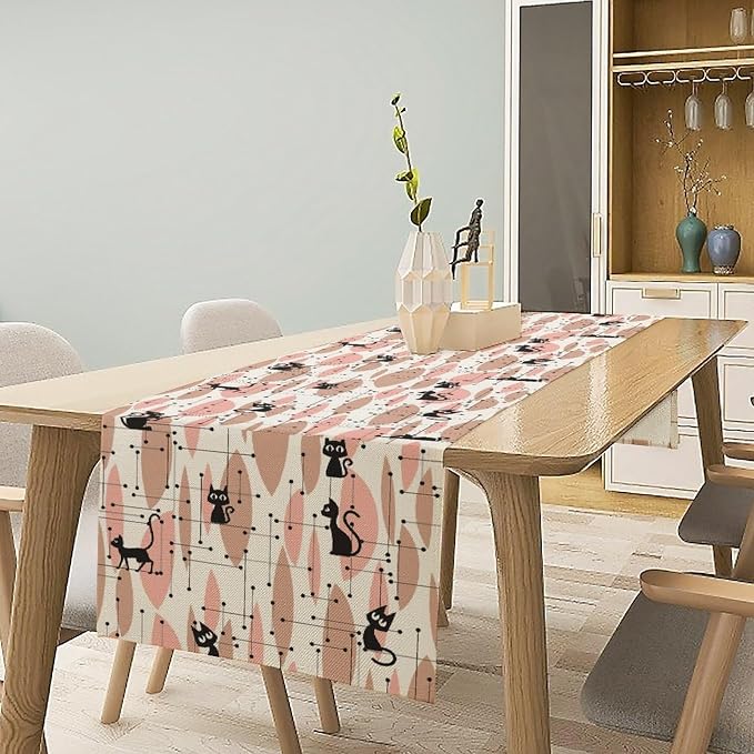Mid Century Table Runner Vintage Pink Abstract Geometric Atomic Star Retro Black Cat Dining Table Decoration for Kitchen Dining Room 13x90in