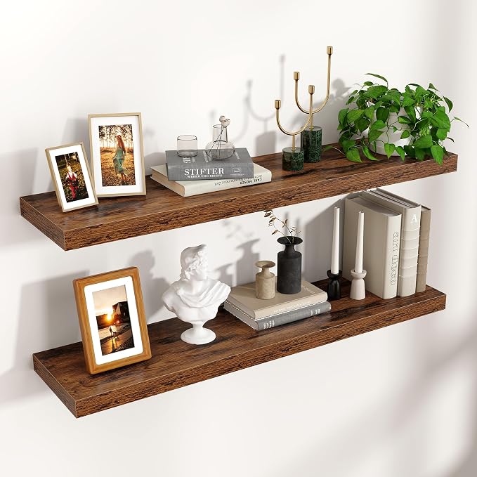 Floating Shelves for Wall 36 inch Long, Engineered Wood Wall Shelves with Invisible Brackets for Living Room Bedroom Bathroom Office Kitchen Decor and Storage, Rustic Brown Finish, Set of 2