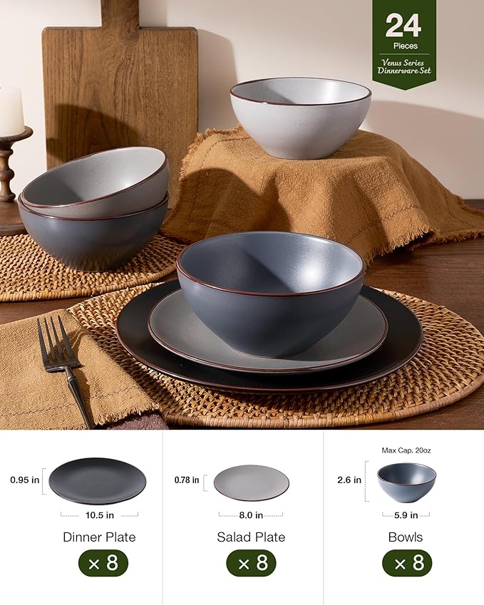 Famiware Venus Plates and Bowls Sets, 24 Pieces Stoneware Speckled Dishes Dinnerware Set for 8, Assorted Colors - Microwave & Dishwasher Safe, Modern Minimalist, for Everyday Meals & Formal Dining