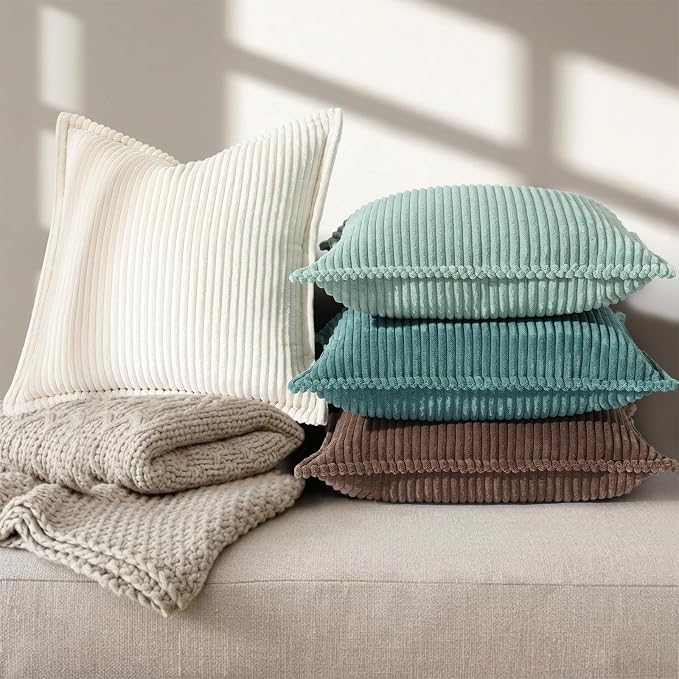 decorUhome Summer Corduroy Turquoise Throw Pillow Covers 18x18 Set of 2 Decorative Soft Boho Farmhouse Couch Pillow Covers for Living Room Bed Sofa Broadside Striped Pillow Cases