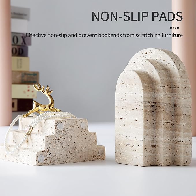 Modern Book Ends for Shelves Nature Marble Decorative Bookends Heavy Duty Bookshelf Holder for Office Desk Decoration (Beige)