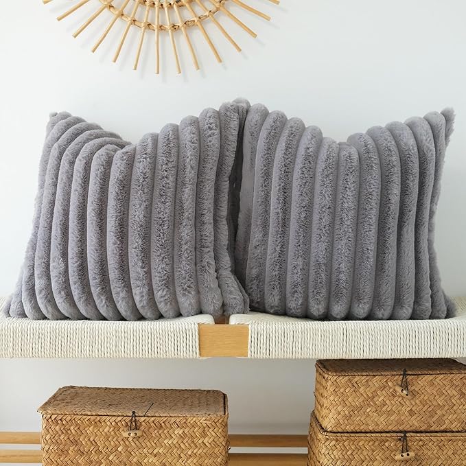JOJUSIS Pack of 2 Faux Fur Plush Decorative Throw Pillow Covers Couch Cushion Case Soft Pillowcases (Grey, 18 x 18-Inch)