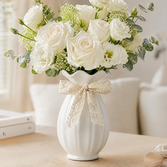 White Ceramic Vase with Ribbon, Flower Vase for Home Decor, Decorative Vases for Bouquet, Modern Farmhouse Centerpiece for Table, Living Room, Wedding Gift