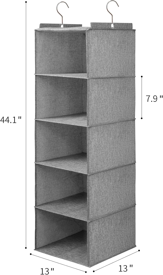 Large Hanging Sweater Organizer for Closet,Collapsible 6-Shelf Hanging Closet Shelves with Drawers, Washable (Grey-5 Shelf)