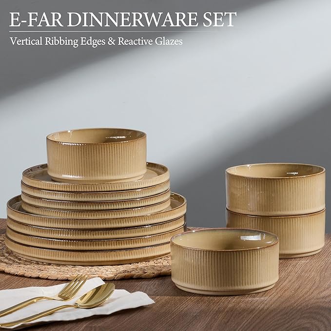 E-far 16 Piece Dinnerware Sets, Plates and Bowls with Pasta Bowls Service for 4, Modern Stoneware Ribbed Dishes for Kitchen Dining, Microwave & Dishwasher Safe, Caramel Khaki