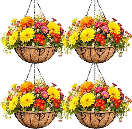 4 Pack 12 Inch Black Metal Hanging Basket Hanging Planter with Coco Coir Liner Heavy Duty Hanging Flower Pot Holder for Indoor Outdoor Patio Garden Porch Balcony Decor (Heart-Shaped)