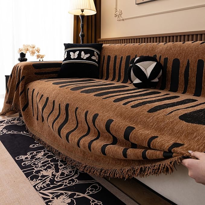 VClife Aztec Couch Cover for Sofa, Thick Plush Jacquard Couch Cover for Sectional Sofa, Breathable Washable Sofa Slipcover for Dog, Bohemian Moroccan White Pumpkin Slip Cover 71"X118"