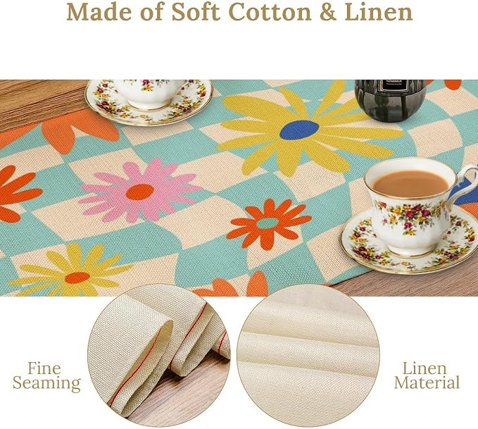 Retro Floral Checkered Table Runner Vintage Gardern Flowers Twisted Groovy Trendy Hippie Grid Farmhouse Country Dinner Runner for Home Kitchen Dining Table Party Holiday Decor 13"x36"