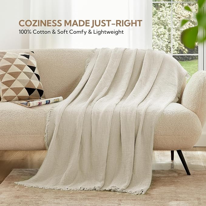 SOULFUL Muslin Throw Blanket with Tassels - Soft King Size Cotton Throw Blanket for Couch or Bed, Lightweight and Breathable Gauze for All Seasons, LightChampagne, 108" x 90"