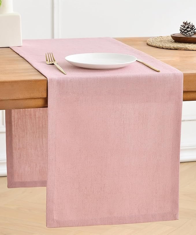 Wracra Linen Style Table Runner, Rustic Farmhouse Pink Table Runners 48 Inches Long, Handcrafted Table Runner for Fall, Winter - Everyday Use and Machine Washable
