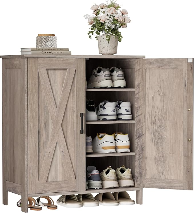 Homleke Farmhouse Shoe Cabinet with 2 Barn Doors & Wood Legs, 5-Tier Shoe Storage Cabinet with 3 Adjustable Shelves, Tall Shoe Rack Organizer for Closet, Shoe Organizer for Entryway, Hallway, Greige