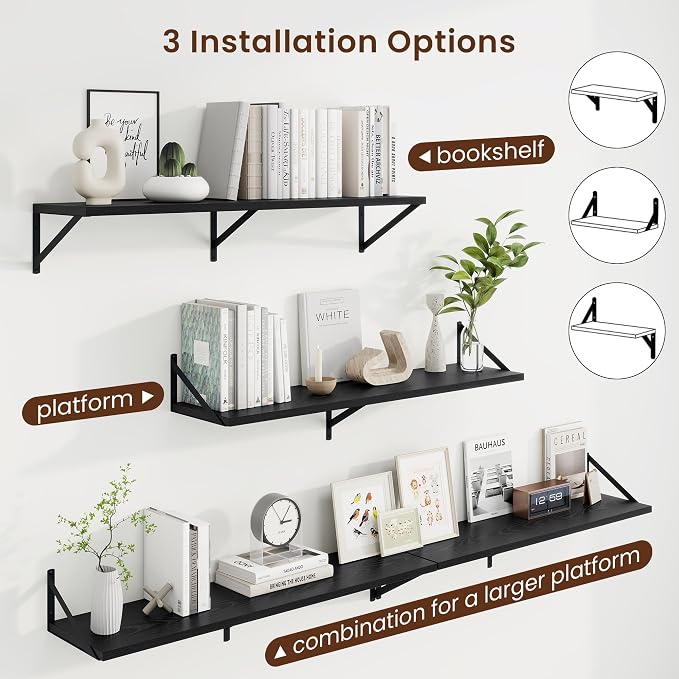 Axeman Deep Floating Shelves | 40 Inch Black Wall Shelves Set of 2 | 10 Inch Deep Rustic Wood Shelves for Wall | 40'' W x 10''D Black Shelves for Living Room Bathroom Kitchen