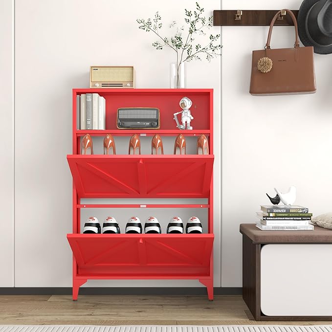 2 Flip Drawers Farmhouse Shoe Storage Cabinet with Barn Door, Shoes Rack Organizer Cabinet, Hidden Slim Storage for Entryway, Hallway, Living Room, Bedroom, Red