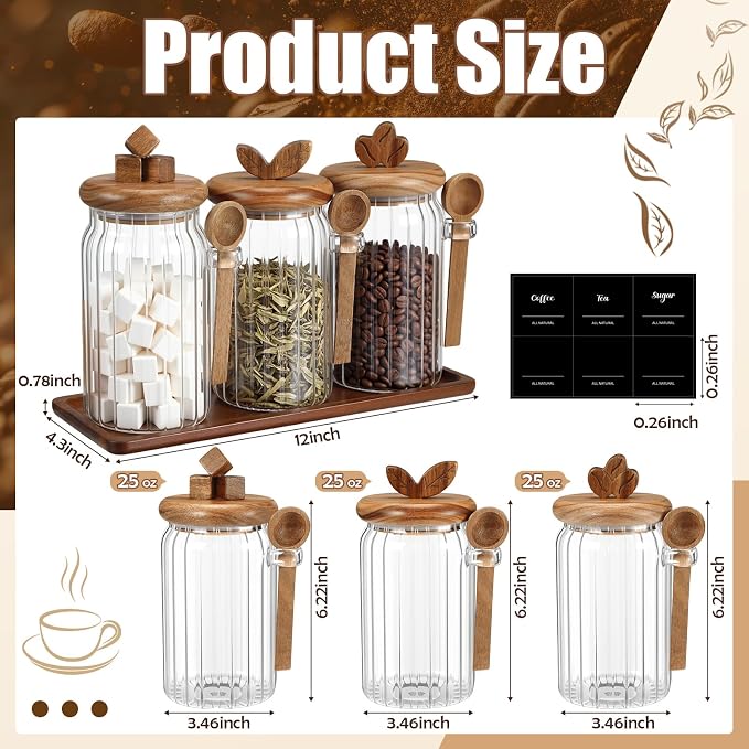 Suclain 3 Pcs Glass Coffee Container with Acacia Wood Lid & Spoon, 25 oz Airtight Glass Jar with Wooden Shelf, Food Storage Containers Coffee Jar Tea Container(Acacia Color)