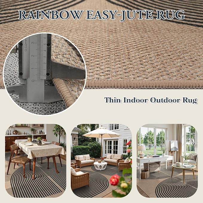 Lahome Enfys Modern Rainbow Easy Jute Carpet, 8x10 Living Room Rugs Indoor Outdoor Patio Dining Room Rug, Contemporary Farmhouse Non Slip Non Shedding Carpet for Deck Backyard