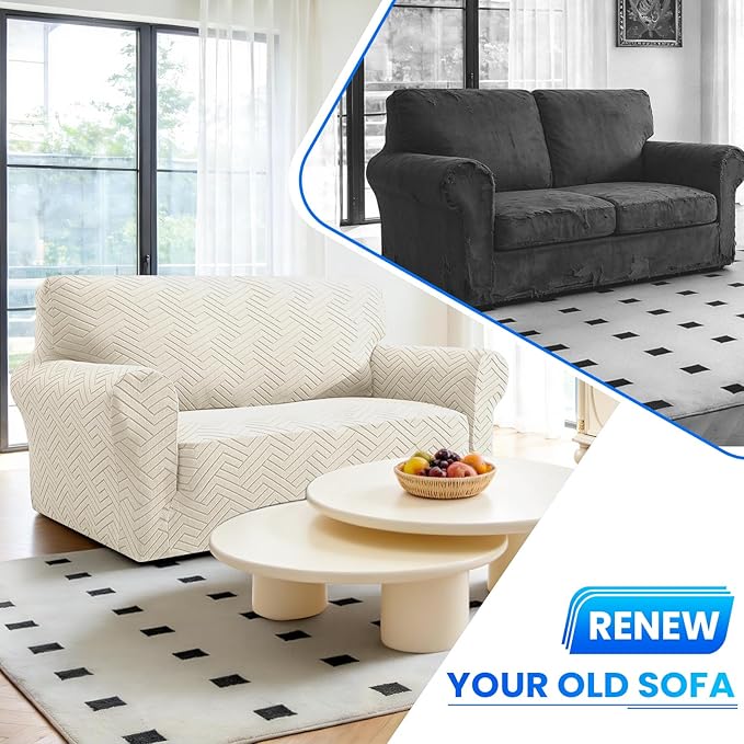 Stretch Sofa Slipcover 1 Piece Couch Sofa Cover,31"-46" Non Slip Soft Couch Sofa Cover Washable Furniture Protector with Non Skid Foam and Elastic Bottom for Kids, Pets,Beige White