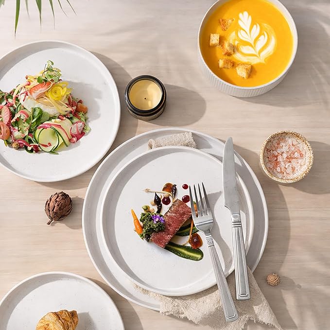 GBHOME Stoneware Dinnerware Sets for 4, 12 Pieces Ceramic Ribbed Plates and Bowls Set, Reactive Glaze Stackable Plate Sets, Scratch Resistant Dishes, Microwave & Dishwasher Safe, White