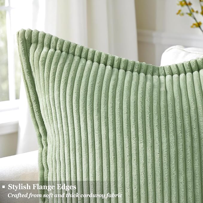 decorUhome Summer Corduroy Sage Green Euro Sham Throw Pillow Covers 24x24 Set of 2 Decorative Soft Boho Farmhouse Couch Pillow Covers for Living Room Bed Sofa Broadside Striped Pillow Cases