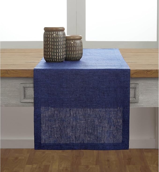 Solino Home Linen Table Runner 72 Inches Long - Athena, 100% Pure Linen Chambray Navy 14 x 72 Inch Table Runner for Dining, Summer, 4th of July