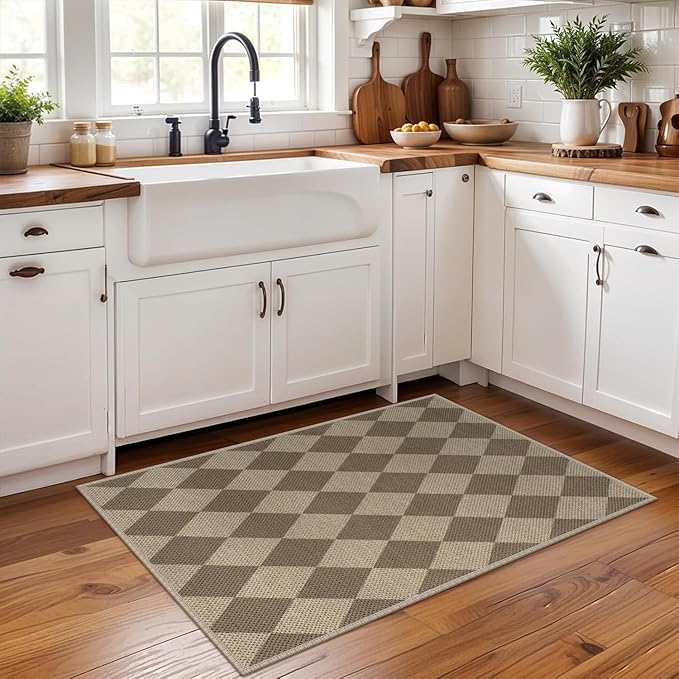 Rugalia Easy Jute Checkered Entryway Rug, 2x3 Brown Modern Indoor Outdoor Doormat, Washable Non-Slip Neutral Small Kitchen Rug Farmhouse Diamond Throw Rugs for Entrance Bedroom Bathroom