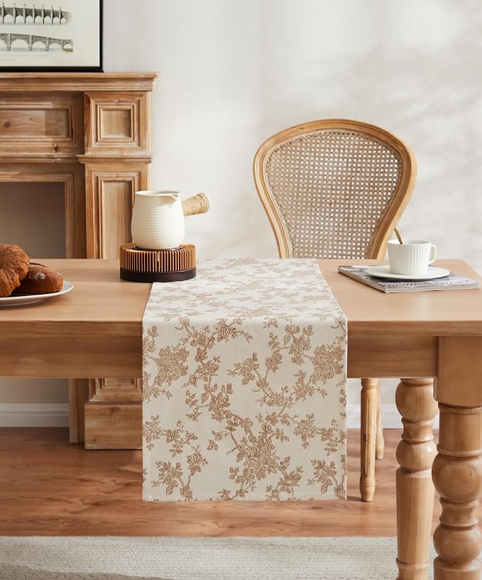 100% Cotton French Pastoral Table Runners, 13x60 Inch Brown Farmhouse Table Runners 60 Inches Long, Vintage Flowers Print Home Decors