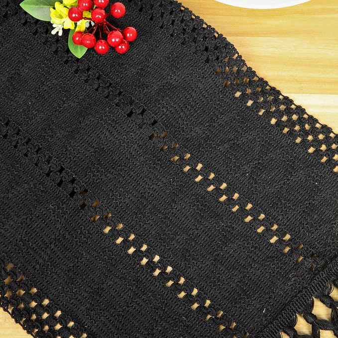 Boho Table Runner with Tassels 72 Inches Long Black Soft Cotton Rustic Modern Bohemian Dining Coffee Table Runner for Restaurant TV Stand Fall Halloween Party Decoration