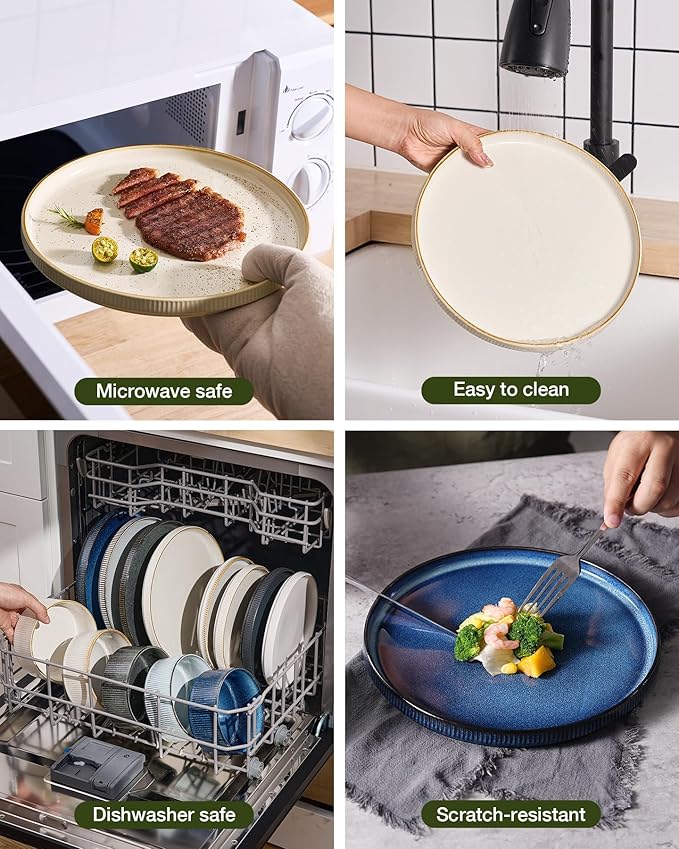 Famiware Star 24-Piece Stoneware Dinnerware Sets with Trim, Service for 6 - Ceramic Mugs, Plates, Bowls, Dishes for Everyday/Party/Formal Use, Chip/Scratch Resistant, Microwave/Dishwasher Safe, White
