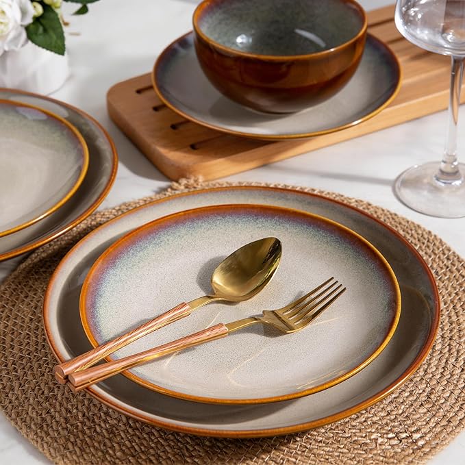 LERATIO Ceramic Dinnerware Sets for 4, Coupe Plates and Bowls Sets,Highly Chip and Crack Resistant | Dishwasher & Microwave & Oven Safe Dishes set,Reactive Glaze Dinnerware- Service for 4（12pcs）